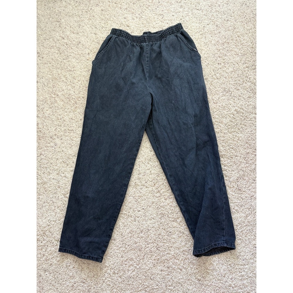 Chic Pinstripe High Waisted Pants Medium Black Vintage Elastic Waist